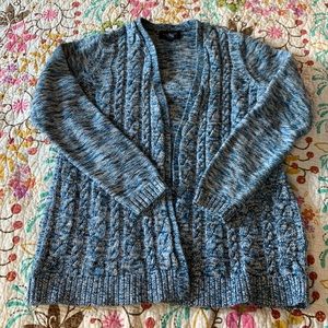 Lands End drifter cotton cardigan in black, blue and white.